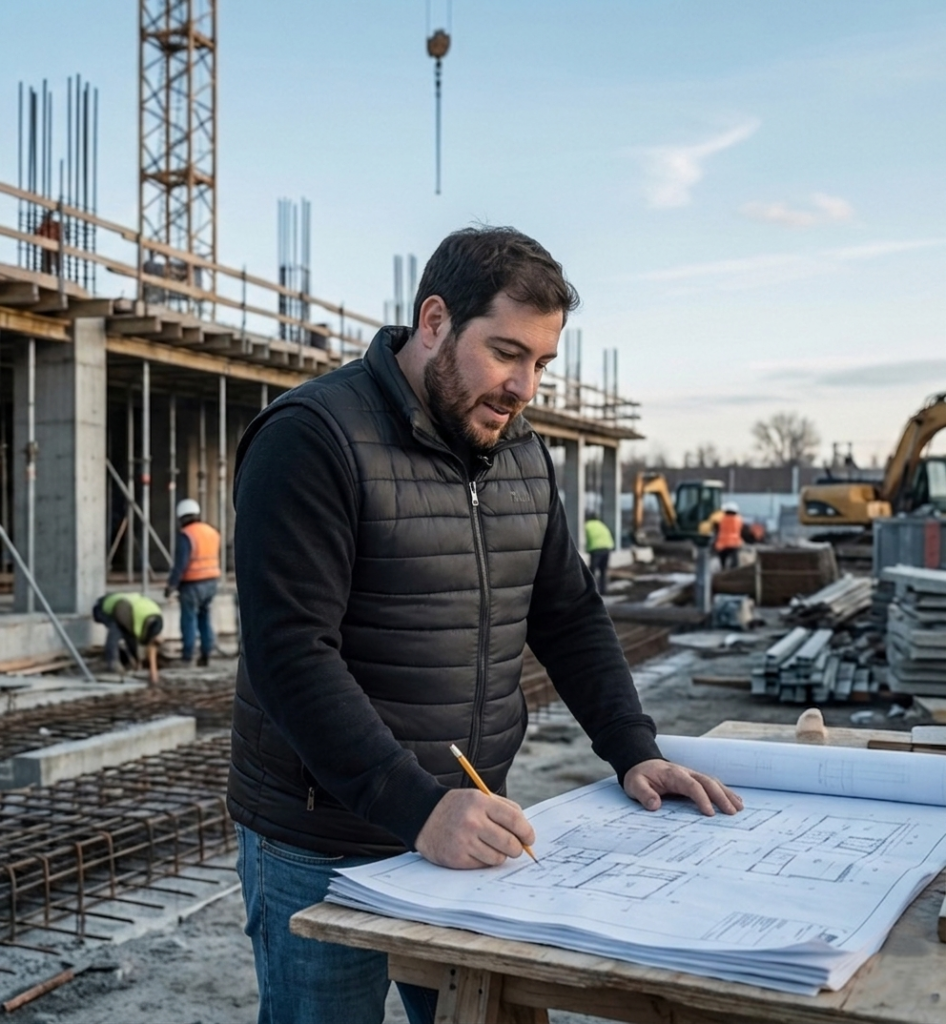 El arquitecto revisando planos en una obra en contrucción